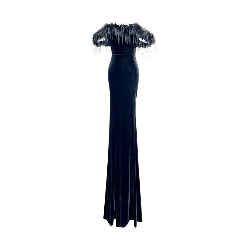 Fur Collar Sexy Strapless Bodycon Floor-Length Women's Dress Elegant Backless Nightclub Gown Car Model Annual Meeting Evening Dress