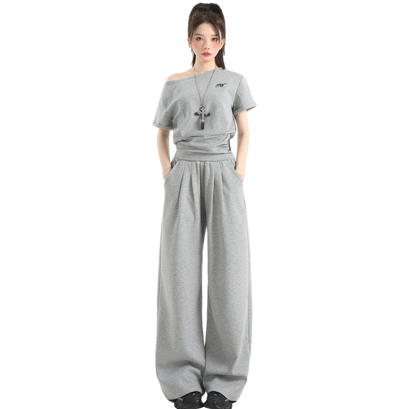 Stillness Sport Set: Slate-Gray Off-Kilter Shoulder Top + Engineered Relaxed Pants