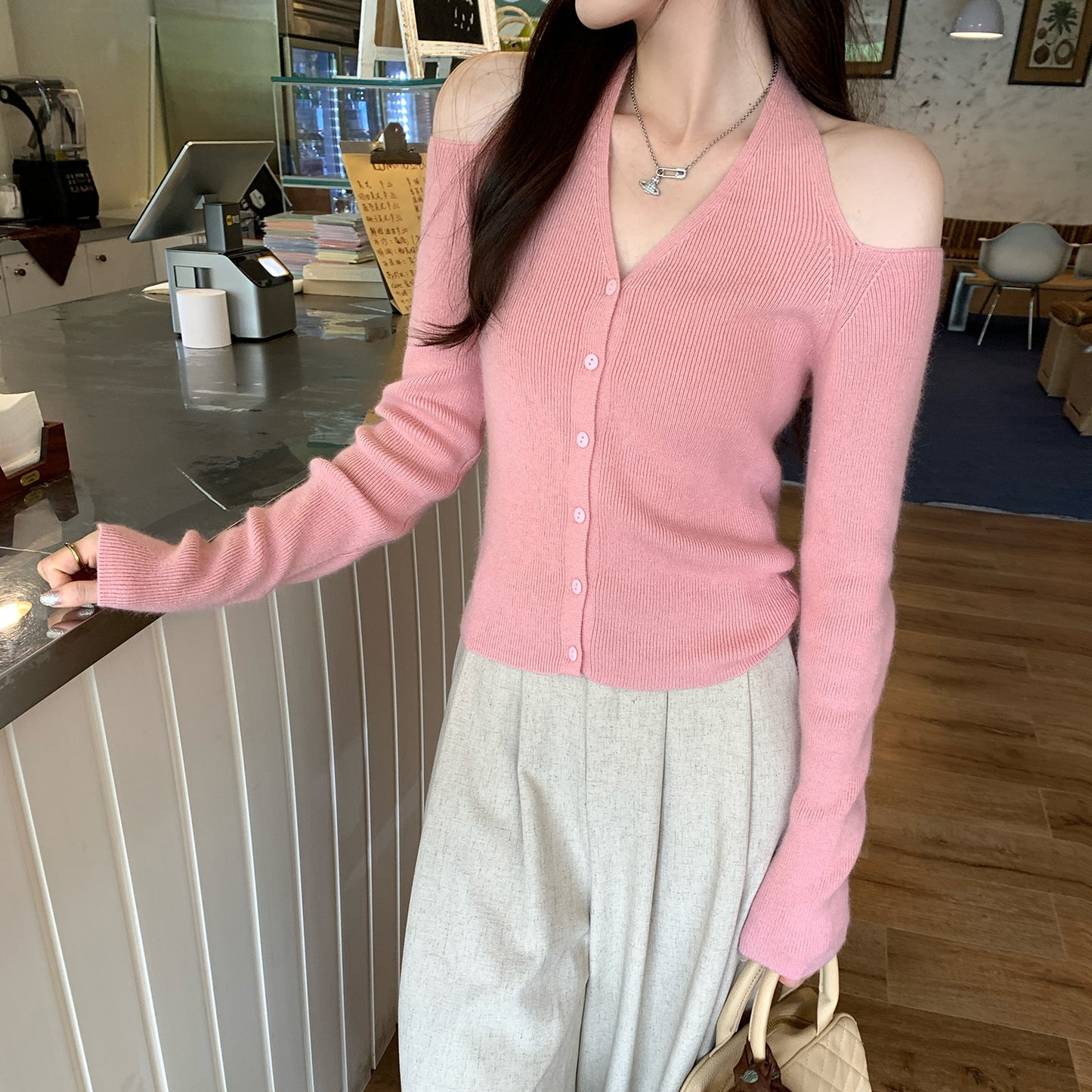 Lazy Halter Neck Long Sleeve Knitted Sweater for Women, Autumn New Style, Super Beautiful, Mature Off-Shoulder Top