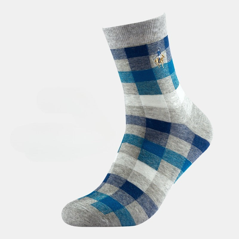 Men's Socks Spring and Autumn Business Trendy Socks Plaid Combed Cotton Medium Tube Socks