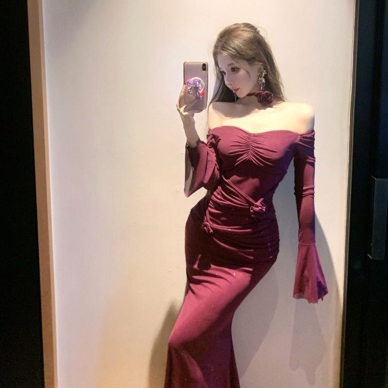 Prom Night Lace-Up Floral Appliqué Fitted Wrap Slit Evening Gown Dress