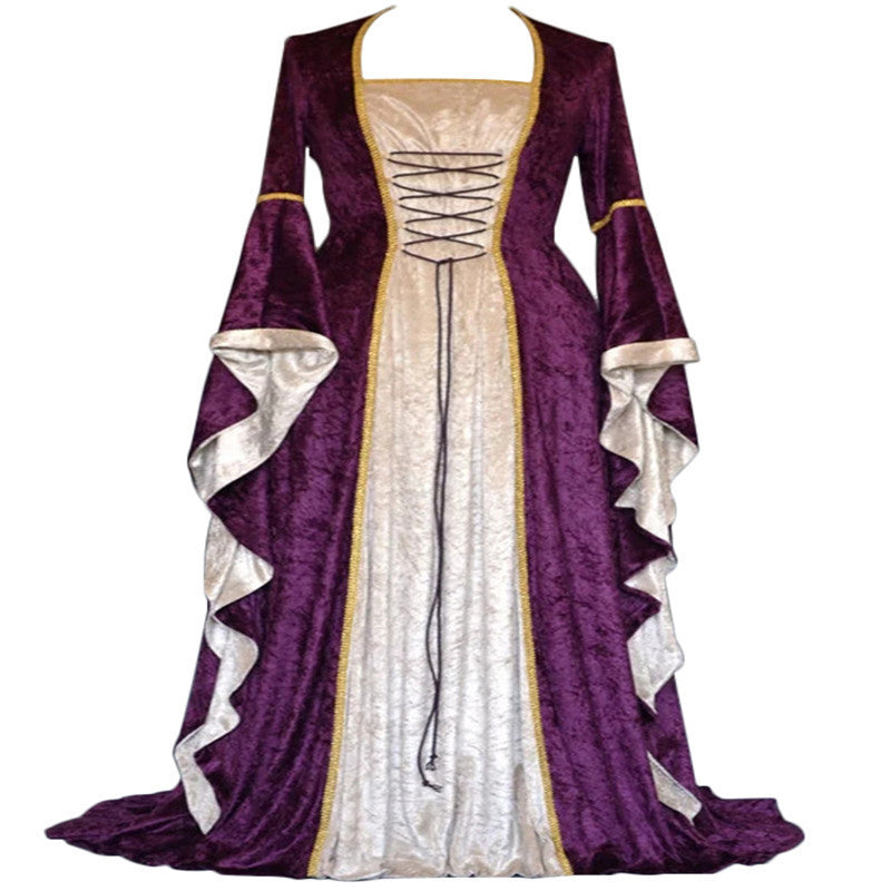 Golden Velvet Flared Sleeves Retro, Medieval European Court Long and Floor Women's Skirts
