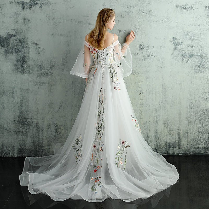 Evening Dress Female New Small Trailing Slim Party Banquet Host, White Bridal Wedding Dress Female