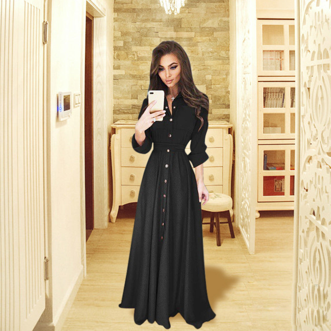 Slim-fit Long-sleeved Button-up Long Dress 5 Colors 8 Yards Dress