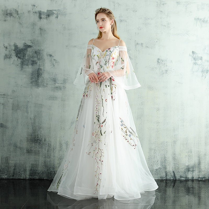 Evening Dress Female New Small Trailing Slim Party Banquet Host, White Bridal Wedding Dress Female
