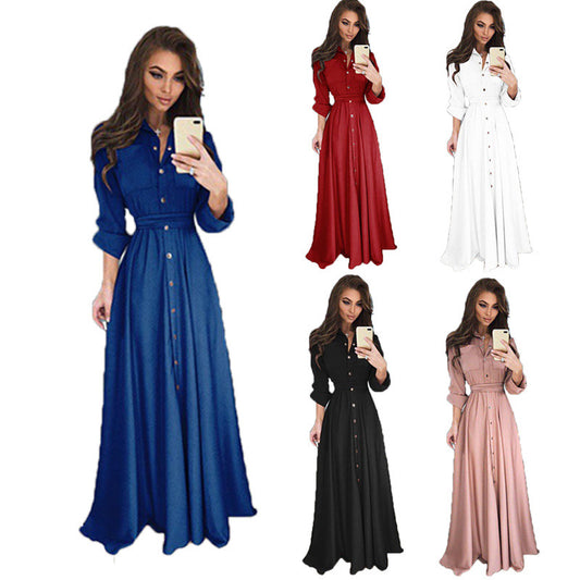 Slim-fit Long-sleeved Button-up Long Dress 5 Colors 8 Yards Dress