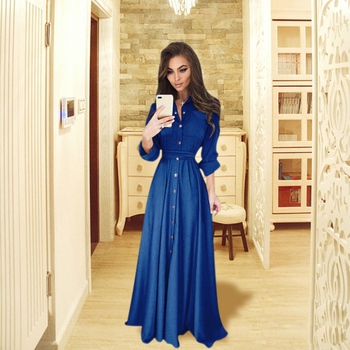 Slim-fit Long-sleeved Button-up Long Dress 5 Colors 8 Yards Dress