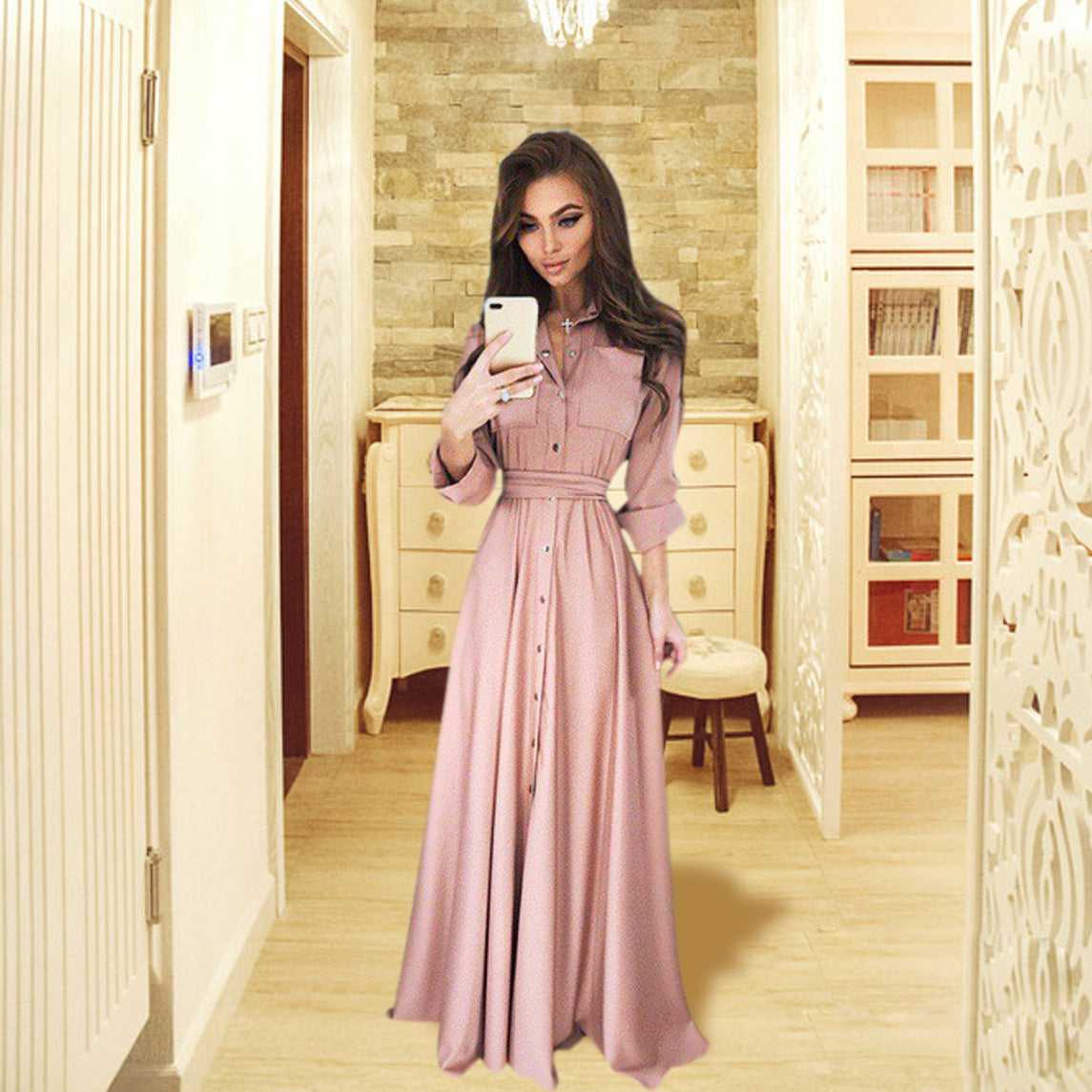 Slim-fit Long-sleeved Button-up Long Dress 5 Colors 8 Yards Dress