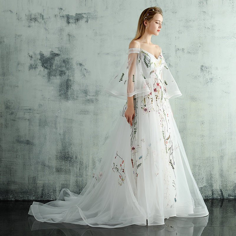 Evening Dress Female New Small Trailing Slim Party Banquet Host, White Bridal Wedding Dress Female