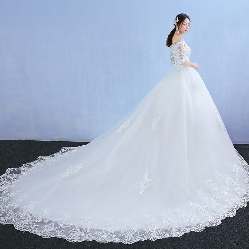 One-word Shoulder Wedding Dress Bride New Long Trailing Dream Princess Korean Long-sleeved Slim Wedding Dress