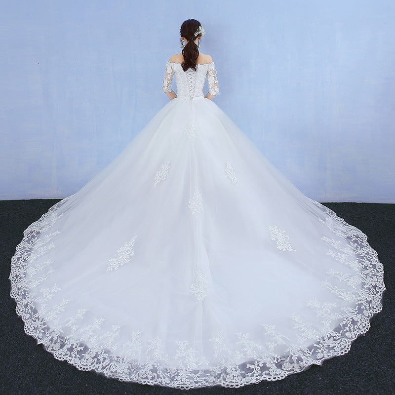One-word Shoulder Wedding Dress Bride New Long Trailing Dream Princess Korean Long-sleeved Slim Wedding Dress