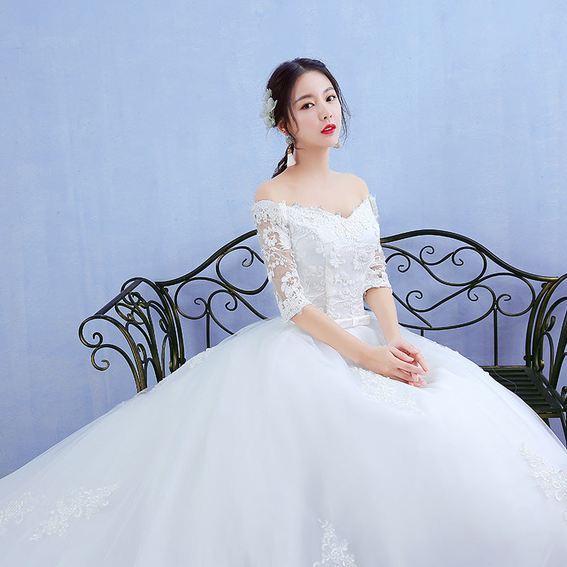One-word Shoulder Wedding Dress Bride New Long Trailing Dream Princess Korean Long-sleeved Slim Wedding Dress