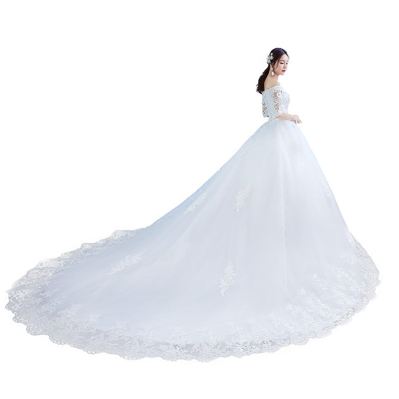 One-word Shoulder Wedding Dress Bride New Long Trailing Dream Princess Korean Long-sleeved Slim Wedding Dress