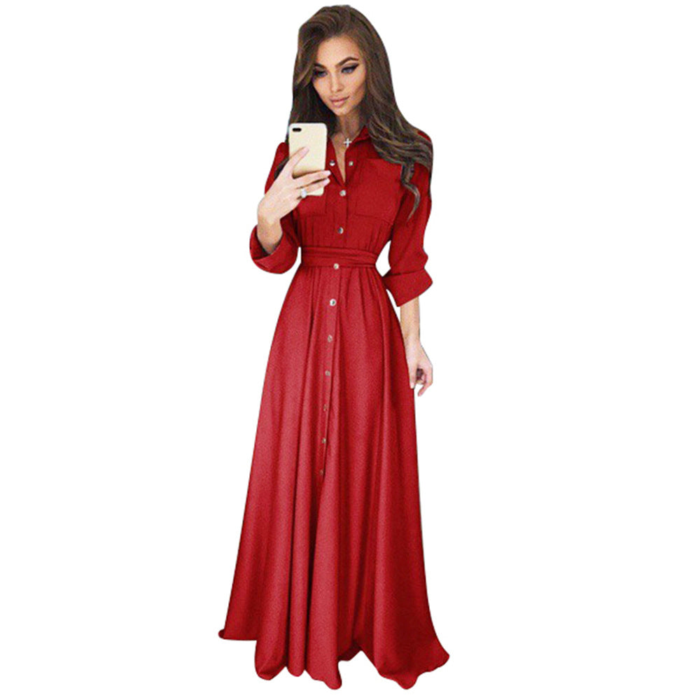Slim-fit Long-sleeved Button-up Long Dress 5 Colors 8 Yards Dress