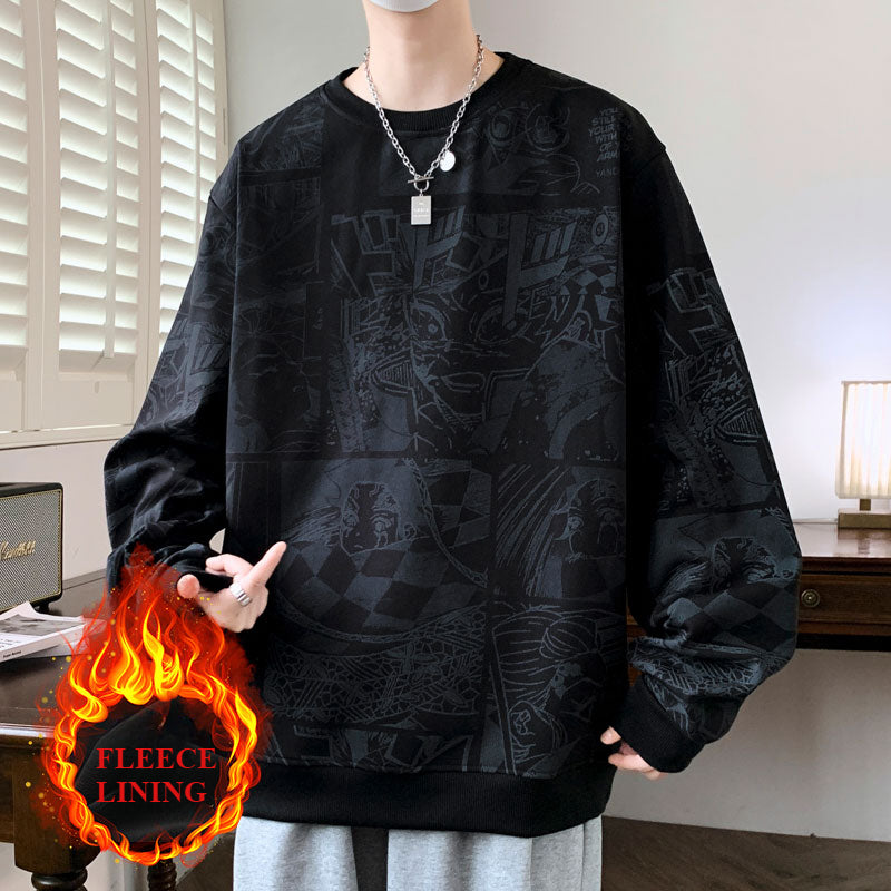 Autumn and Winter Large Size Street Animation Printed Sweater Men's Top Loose and Versatile