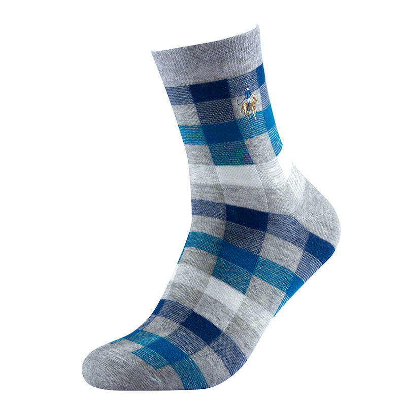 Men's Socks Spring and Autumn Business Trendy Socks Plaid Combed Cotton Medium Tube Socks