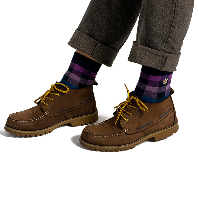 Men's Socks Spring and Autumn Business Trendy Socks Plaid Combed Cotton Medium Tube Socks