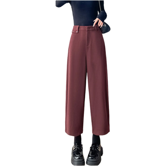 Autumn and Winter New High-waisted Nine-point Straight-leg Woolen Pants with Fleece Harlan Boots Casual Pants for Women