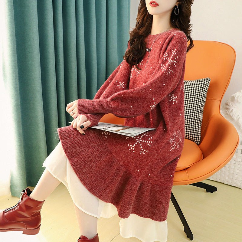 Fashion Mesh Knitted Dress Autumn and Winter Korean Version New Loose Thick Medium and Long Bottom Sweater Skirt Tide
