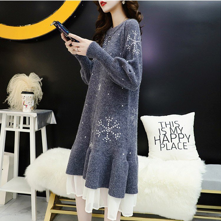 Fashion Mesh Knitted Dress Autumn and Winter Korean Version New Loose Thick Medium and Long Bottom Sweater Skirt Tide
