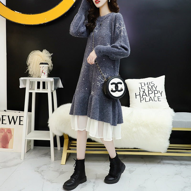 Fashion Mesh Knitted Dress Autumn and Winter Korean Version New Loose Thick Medium and Long Bottom Sweater Skirt Tide