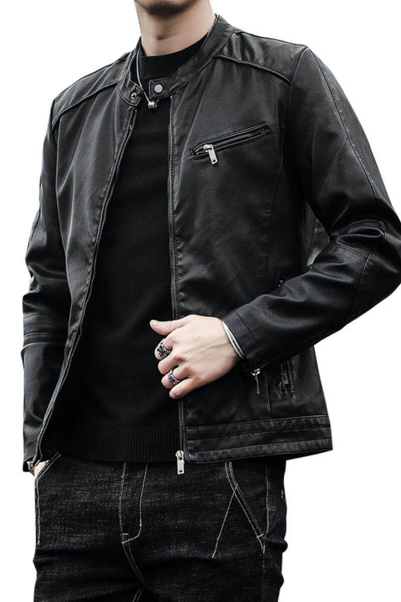 Super Popular Locomotive Leather Jacket Men's Slim-fitting Short Spring and Autumn Jacket with Fleece Is Handsome