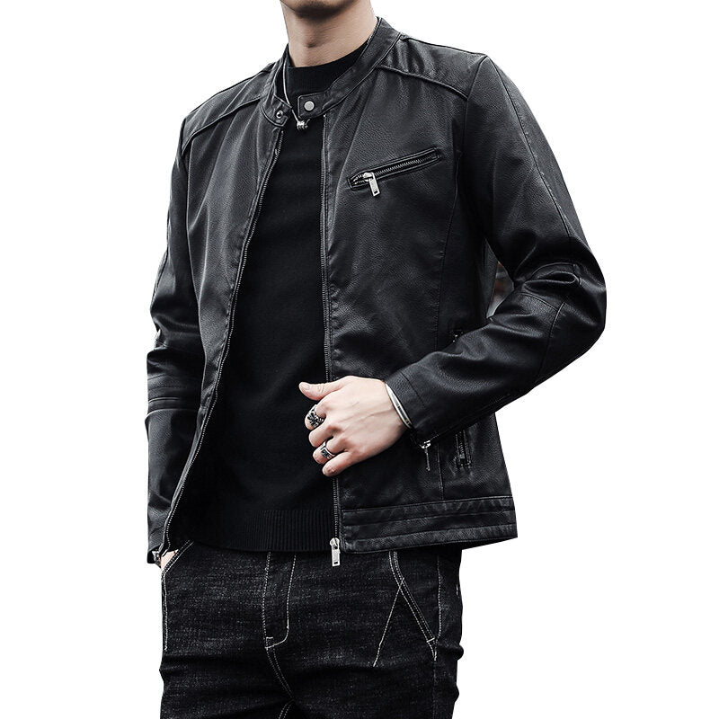 Super Popular Locomotive Leather Jacket Men's Slim-fitting Short Spring and Autumn Jacket with Fleece Is Handsome