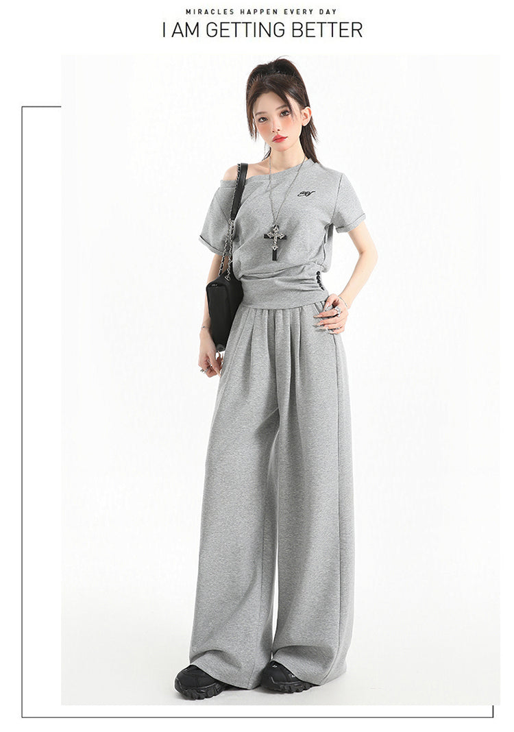 Stillness Sport Set: Slate-Gray Off-Kilter Shoulder Top + Engineered Relaxed Pants