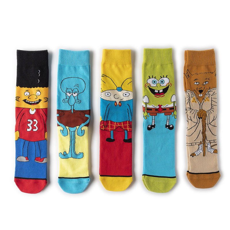 Male Cotton Animation Men's Women's Cartoon Socks Men's Socks Medium Stockings Combed Cotton Socks-5PRS