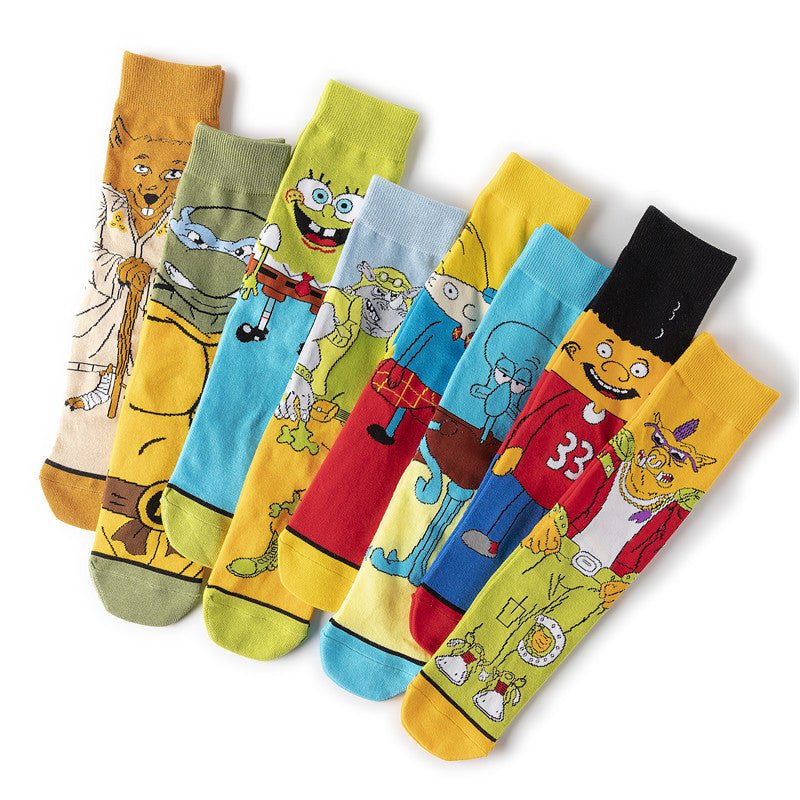 Male Cotton Animation Men's Women's Cartoon Socks Men's Socks Medium Stockings Combed Cotton Socks-5PRS