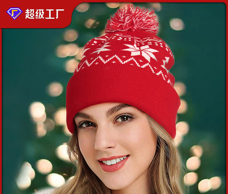 Hot Sale Jacquard Christmas Hat Hairball Ruffled New Year's Gift Winter Warm Cover Knitted Hat