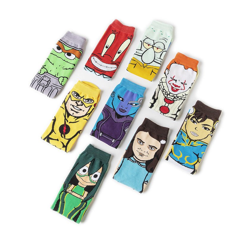 Male Cotton Cartoon Female Pattern Medium Tube Animation Socks Personalized Ins Trendy Cotton Socks-5PRS