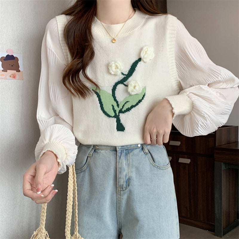Plus Size Mock Layered Knit Top: 3D Floral Embroidery Y2K Sweet Women’s Long Sleeve