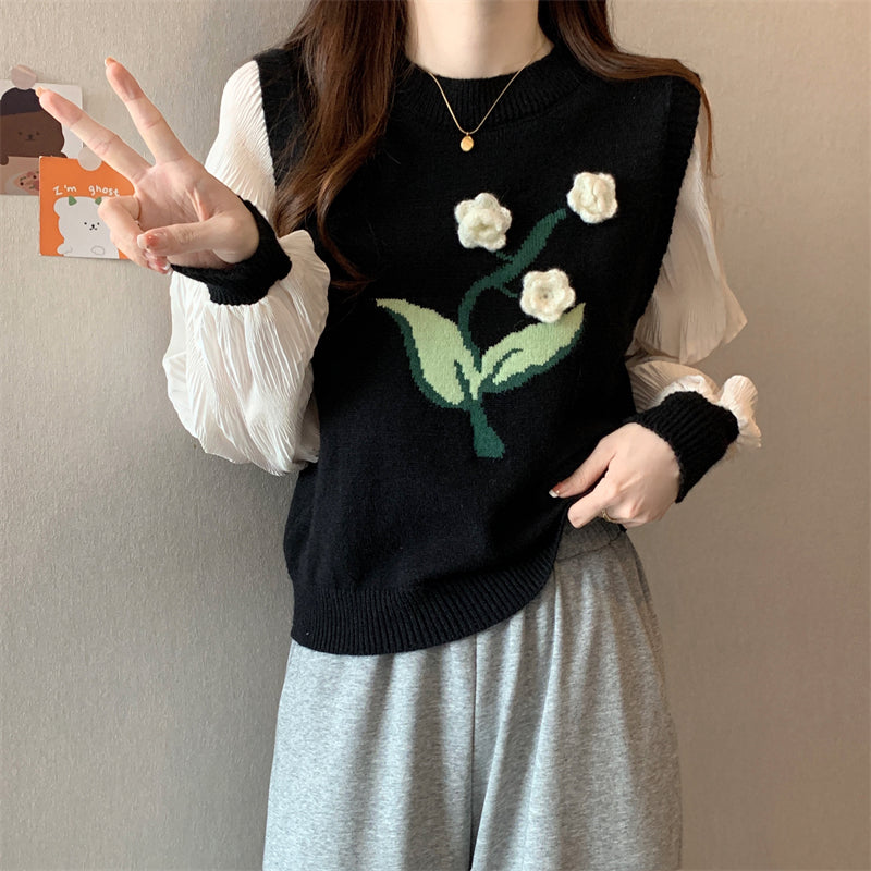 Plus Size Mock Layered Knit Top: 3D Floral Embroidery Y2K Sweet Women’s Long Sleeve
