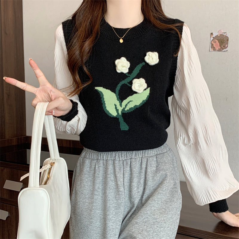 Plus Size Mock Layered Knit Top: 3D Floral Embroidery Y2K Sweet Women’s Long Sleeve