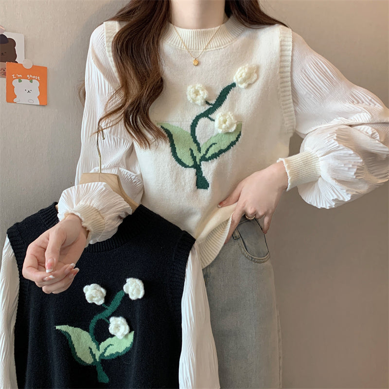 Plus Size Mock Layered Knit Top: 3D Floral Embroidery Y2K Sweet Women’s Long Sleeve