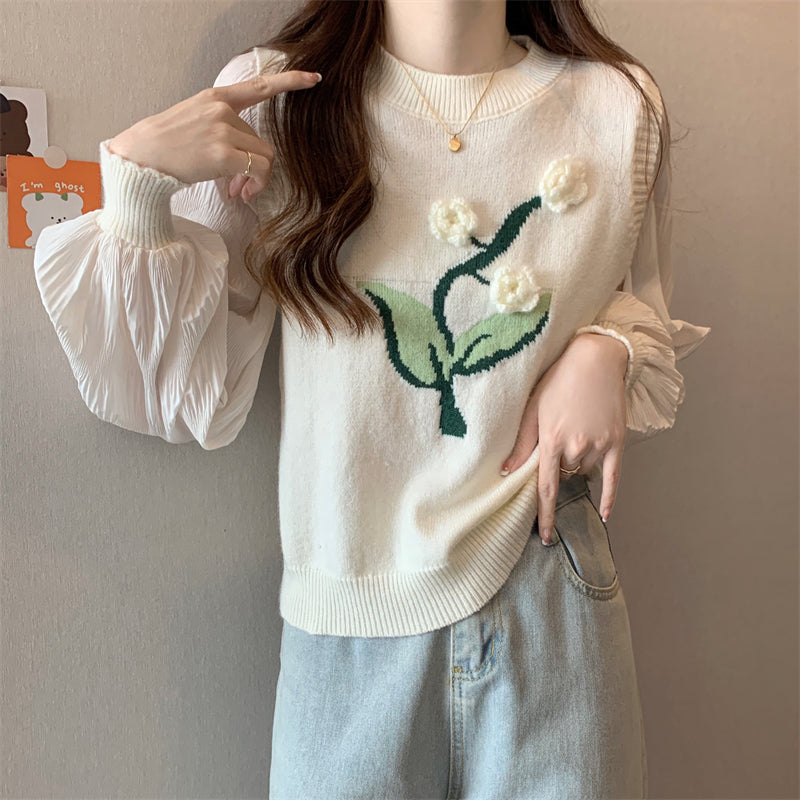 Plus Size Mock Layered Knit Top: 3D Floral Embroidery Y2K Sweet Women’s Long Sleeve