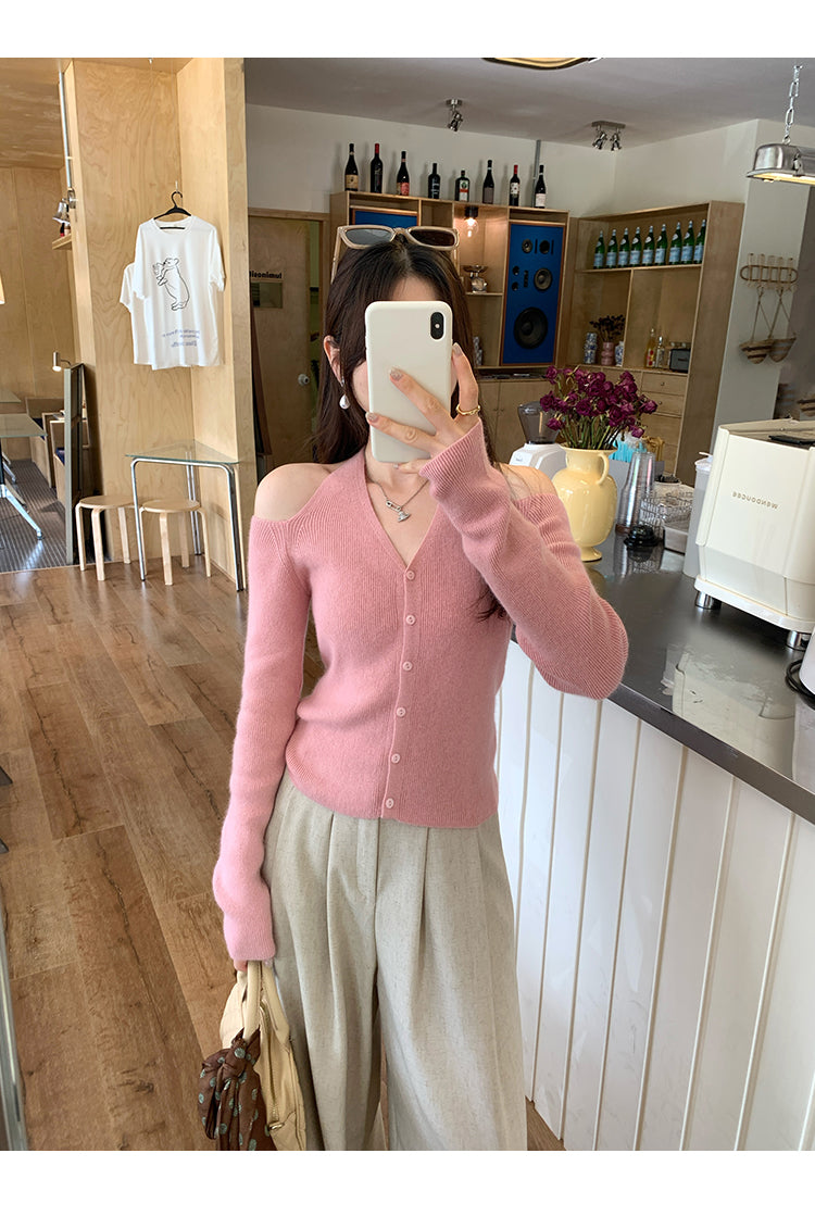 Lazy Halter Neck Long Sleeve Knitted Sweater for Women, Autumn New Style, Super Beautiful, Mature Off-Shoulder Top