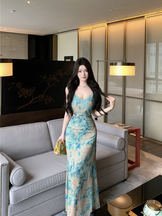 Women’s Retro Fishtail Print Dress: Sexy Sleeveless Bodycon Evening Gown