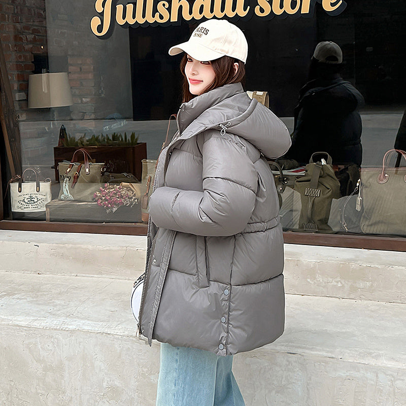 Winter Women’s Oversized Cropped Puffer Jacket, Short Cotton-Padded Coat College Style Loose Fit, Warm Cozy Outerwear