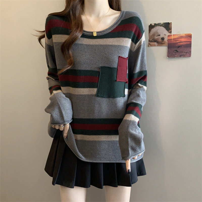 Plus Size Dopamine Sweater: Color Block Stripe Knit, Versatile Autumn Tee