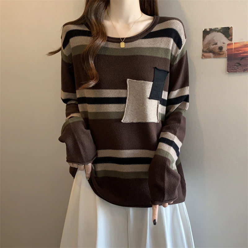 Plus Size Dopamine Sweater: Color Block Stripe Knit, Versatile Autumn Tee