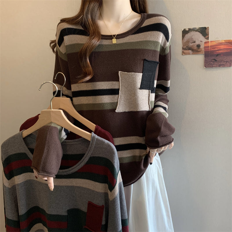 Plus Size Dopamine Sweater: Color Block Stripe Knit, Versatile Autumn Tee