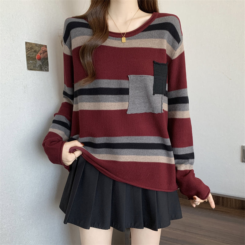 Plus Size Dopamine Sweater: Color Block Stripe Knit, Versatile Autumn Tee