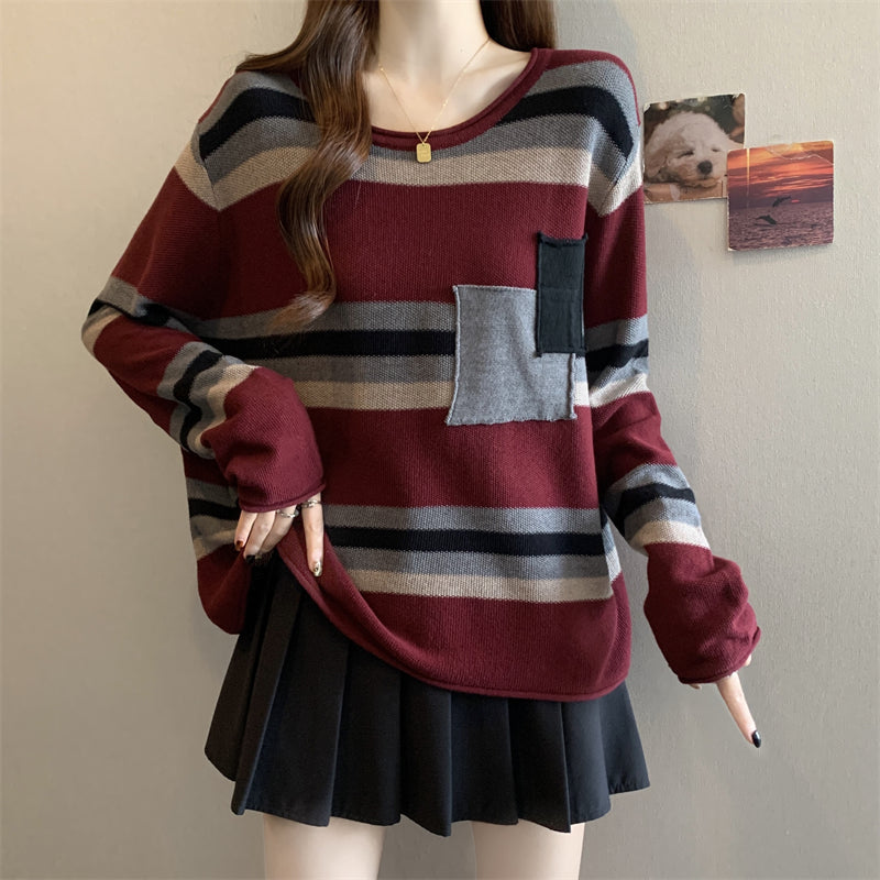 Plus Size Dopamine Sweater: Color Block Stripe Knit, Versatile Autumn Tee