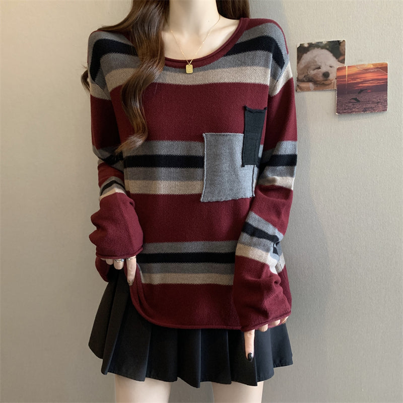 Plus Size Dopamine Sweater: Color Block Stripe Knit, Versatile Autumn Tee