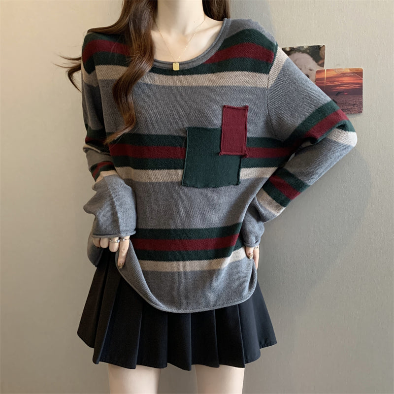 Plus Size Dopamine Sweater: Color Block Stripe Knit, Versatile Autumn Tee