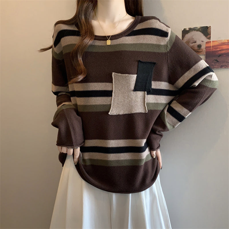 Plus Size Dopamine Sweater: Color Block Stripe Knit, Versatile Autumn Tee