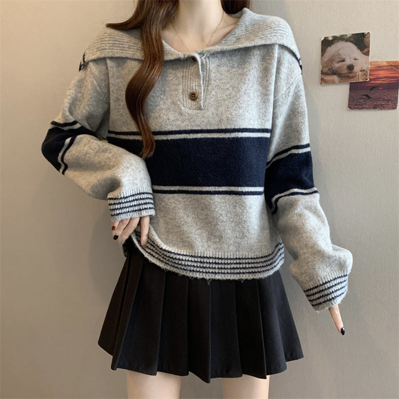 Seoulcore Navy Knit Sweater: Winter Block Stripe Collar Loose Long Sleeve