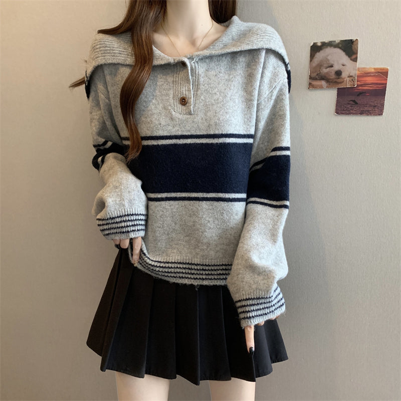 Seoulcore Navy Knit Sweater: Winter Block Stripe Collar Loose Long Sleeve
